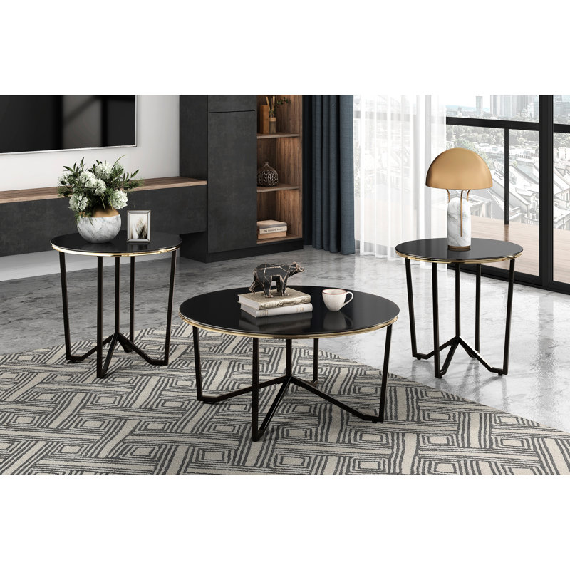 Table basse et tables de bout modernes 3 pièces avec dessus en verre trempé noir, fabrication en métal pour la décoration des pieds du salon