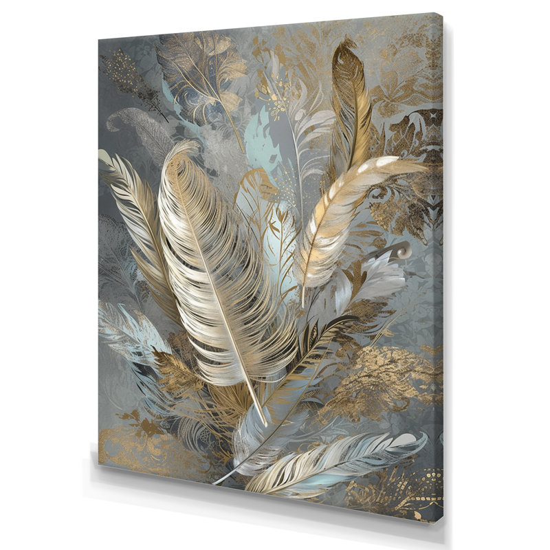 Plume dorée Extravaganza V - art mural plume glam, H 32 po x l 24 po x P 1 po, Toile tendue