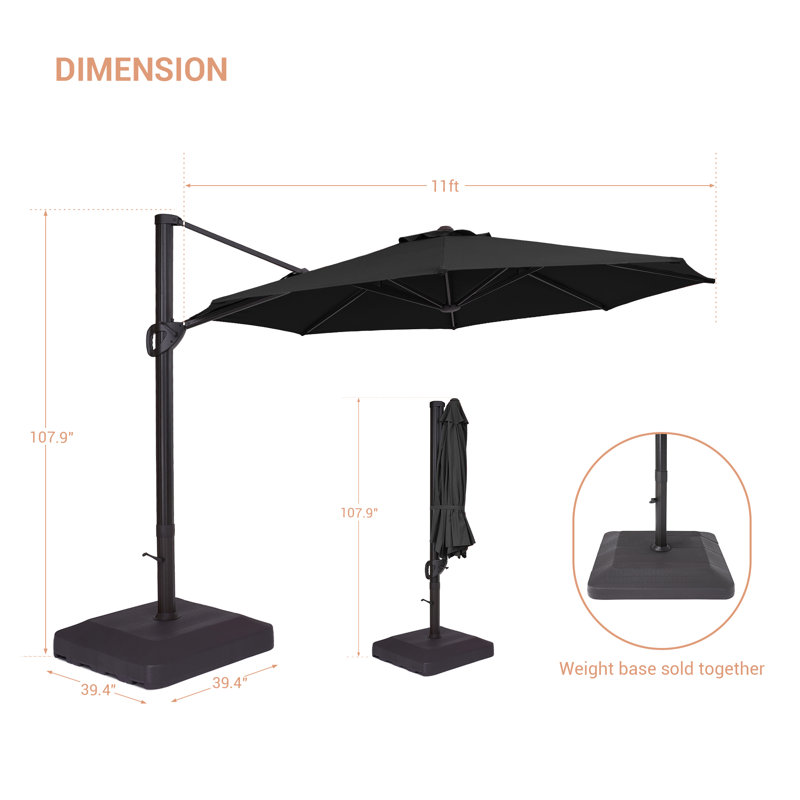 Parasol en porte-à-faux 11 pi avec base Marlon, Noir, noir, noir, noir