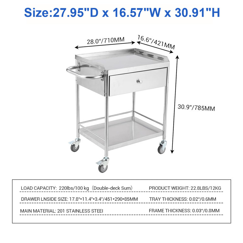Chariot utilitaire en acier inoxydable 2 couches