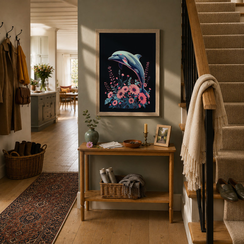 Dolphin Among Blooms Modern - Print, A2 - 59.4 x 42.0 cm, Oak