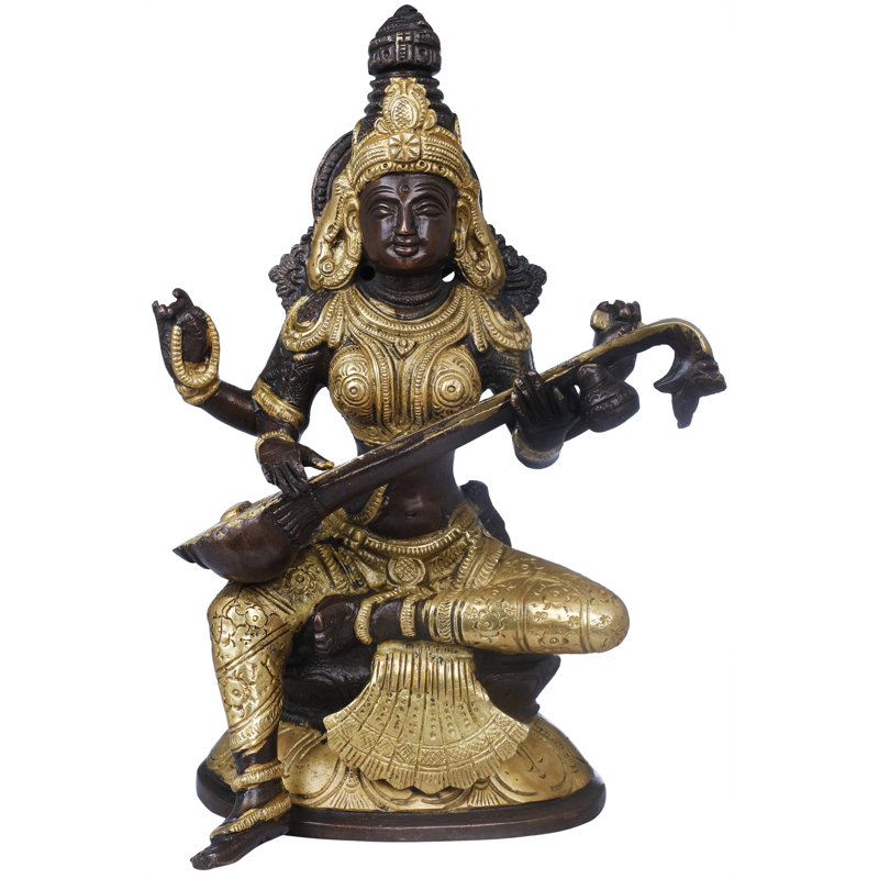 Figurine déesse Saraswati assise sur un lotus, Noir / or