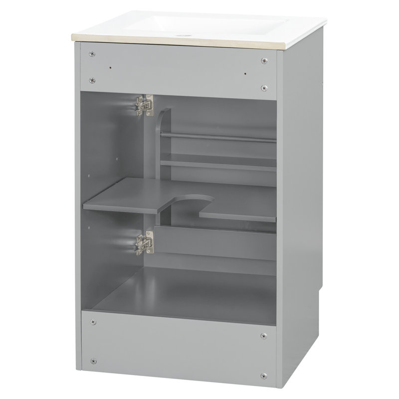 Meuble-lavabo de 50 cm (20 po) avec lavabo en céramique lisse, gris, cadre peint, protection anti-débordement en métal, charnières à fermeture douce antirouille, deux étagères de rangement, ensemble d'assemblage complet.