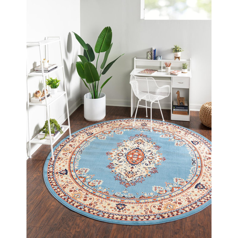 Tapis oriental noir Balthrop, Light Blue, Rond 8 pi