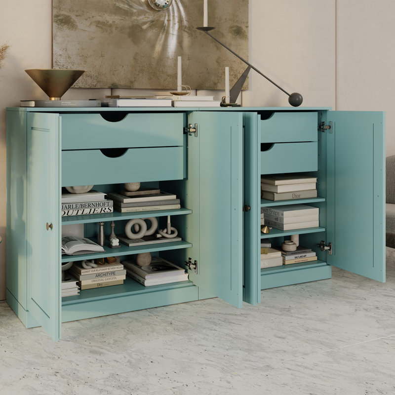 100% Solid Wood 64" Sideboard with Solid Doors, 4-Drawers and Adjustable Shelves, Aqua Blue