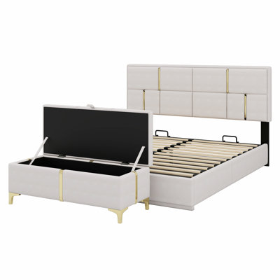 Upholstered Platform Bed With Hydraulic Storage System,Storage Ottoman With Metal Legs
