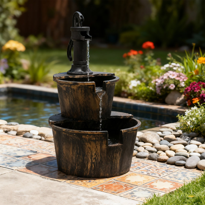 Outdoor Water Fountain, 2-Tier Barrel Cascading Waterfall Fountain Garden Decor with Electric Pump, Brown