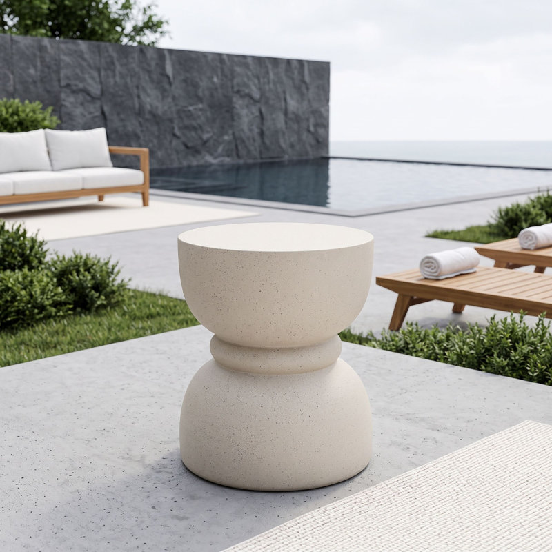 Table d'appoint d'extérieur avec texture imitation pierre naturelle, table de bout arrondie, Beige