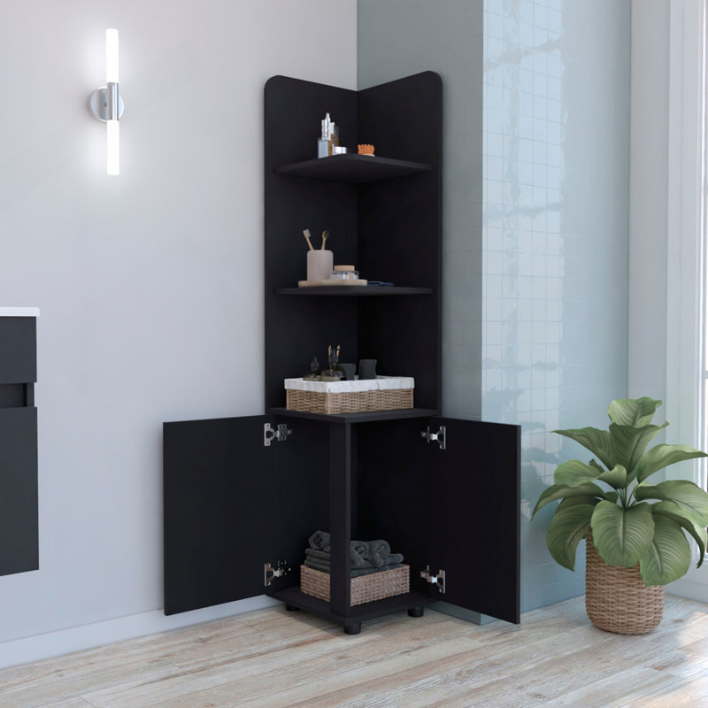 Malibu 62" Tall Double Door Corner Linen Cabinet With Four Shelves, Black