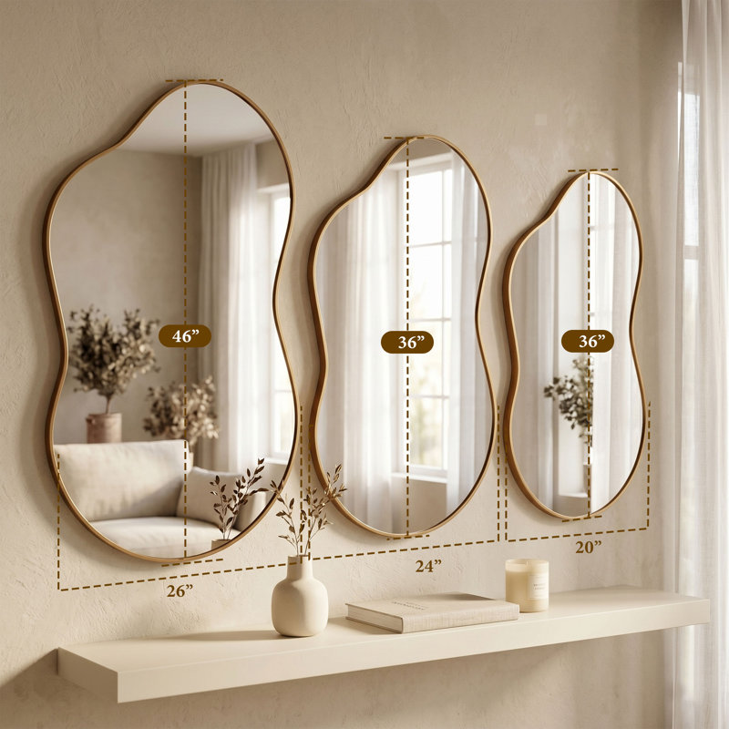 Irregular Tempered Glass And Aluminum Alloy Framed Wall Mirror, Gold, 46" x 26"