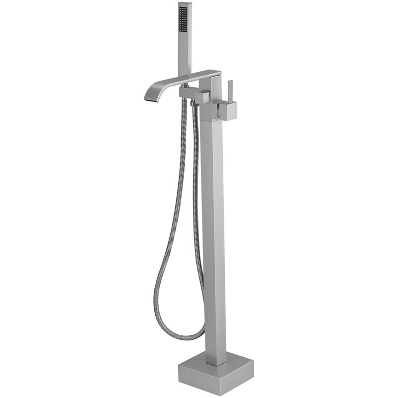 Single-Handle Floor Mount Freestanding Bathtub Faucet Waterfall Tub Filler With Handheld Shower, Brushed Nickel