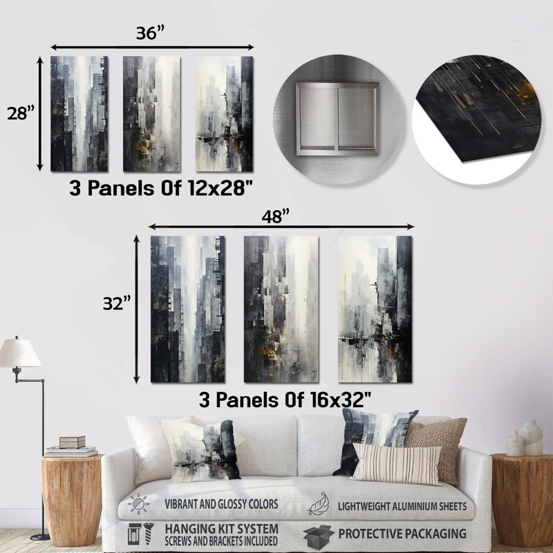 Grey Skyline Skyscrapers Horizon I - Skyscrapers Metal Wall Decor Set Of 3, 28" H x 36" W