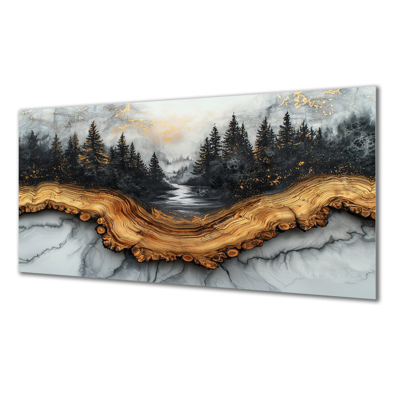 Paysage de forêt hivernale avec rivière en cristal II - impression murale en métal forêt, H 28 po x l 60 po