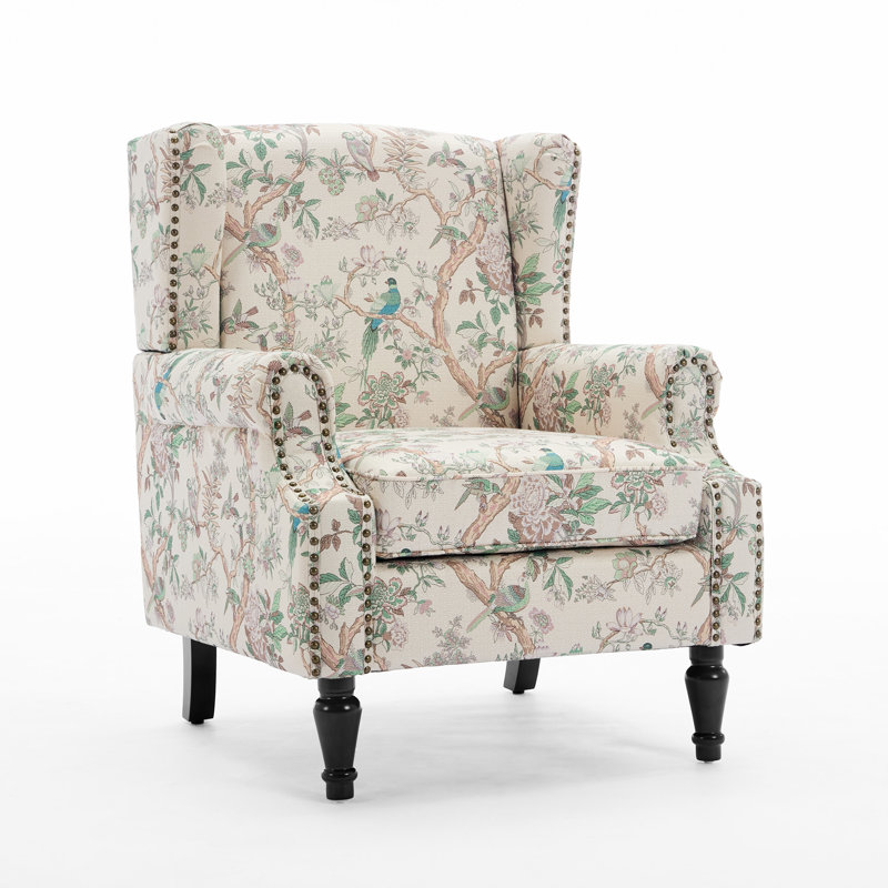 Duward Bird Floral Upholstered Wingback Accent Chair with Nailhead Trim, Bird 