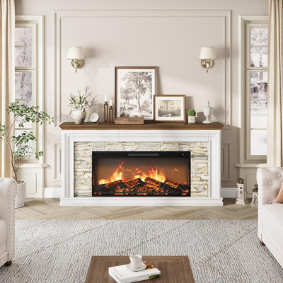 Meuble télé 70 po pour téléviseur de 80 po ou moins, centre de divertissement de style campagne moderne avec manteau de cheminée électrique de 42 po, console multimédia dissimulée à 3 tiroirs avec luminosité réglable et faible bruit
