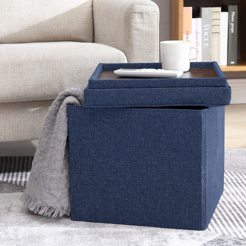 Hilsa Upholstered Ottoman, Navy Blue Linen Blend