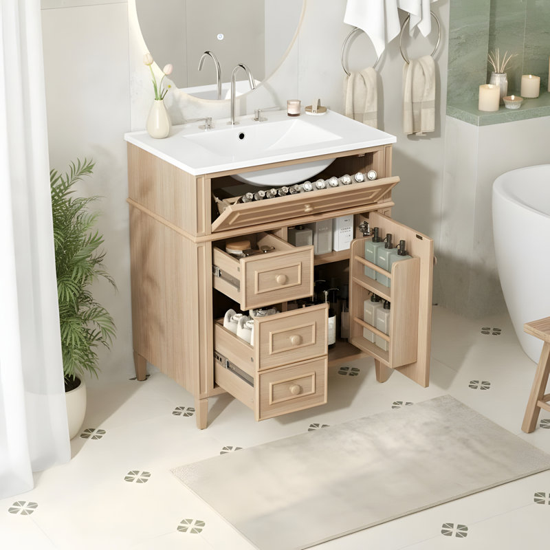 Meuble-lavabo en bois avec tiroirs rabattables, Bois clair, Bois clair