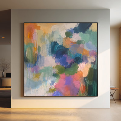 Très grand art mural imprimé sur toile - Design expressionniste abstrait multicolore contemporain avec coups de pinceau audacieux et harmonie de couleurs vibrantes pour le salon ou la chambre à coucher - «Assemblage requis du cadre (cadre non fini)»
