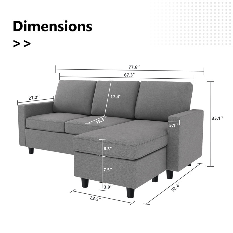 Campbelltown Upholstered L-Shaped Sectional with Ottoman Reversible, Gray Polyester Blend