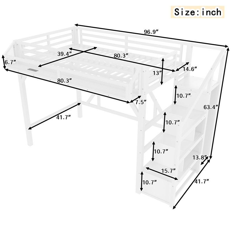 Twin XL Loft Bed with Storage Stairs, Shelves & Built-in Wardrobe, USB Ports & LED Lights, Noise-Reduced, White, White