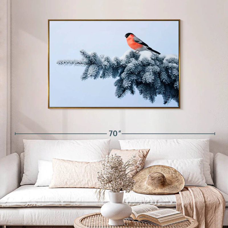 Bouvreuil sur une épinette festive, 46 po x 31 po, Cadre flottant doré