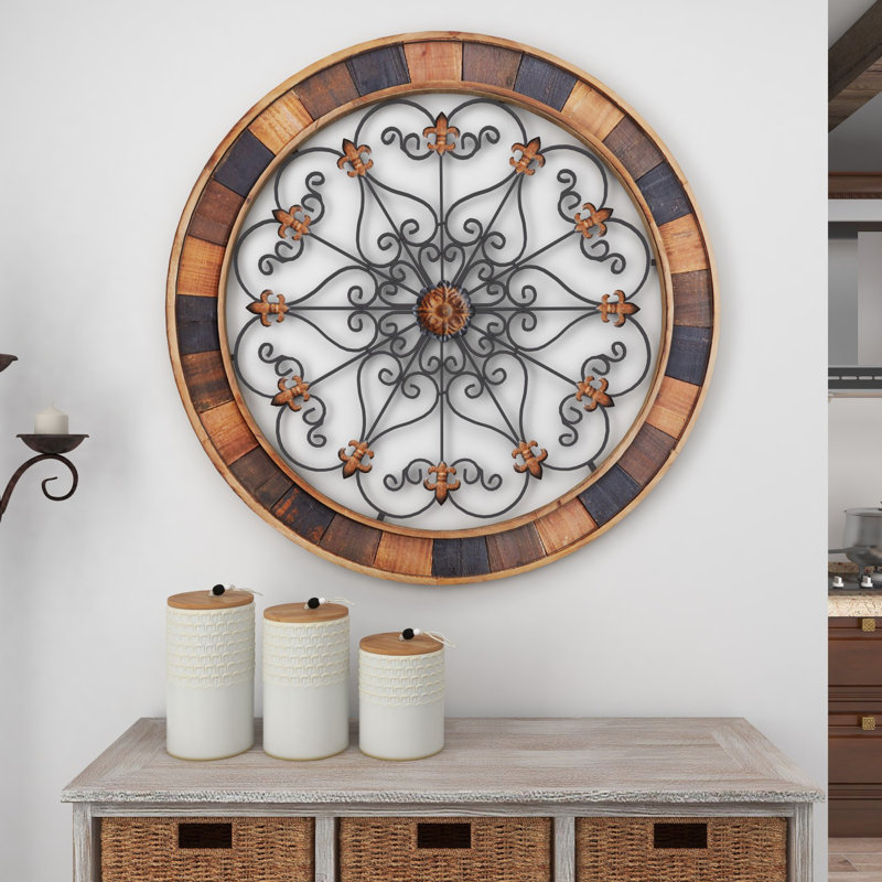 Wood Medallion Scroll Brown Wall Decor with Metal Fleur-De-Lis Detail