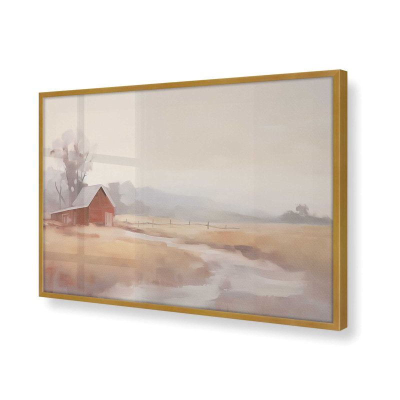 Misty Countryside Barn, Polished Gold Framed, 25.25" H x 37.25" W