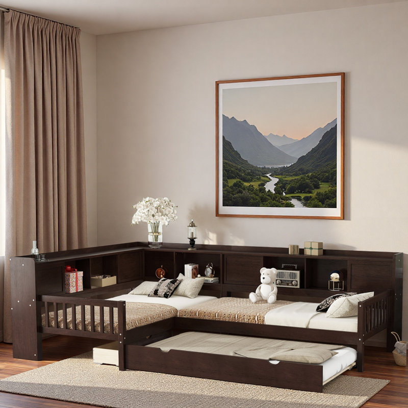 Lit plateforme en L avec lit gigogne, tiroirs de rangement et tablettes, Blanc