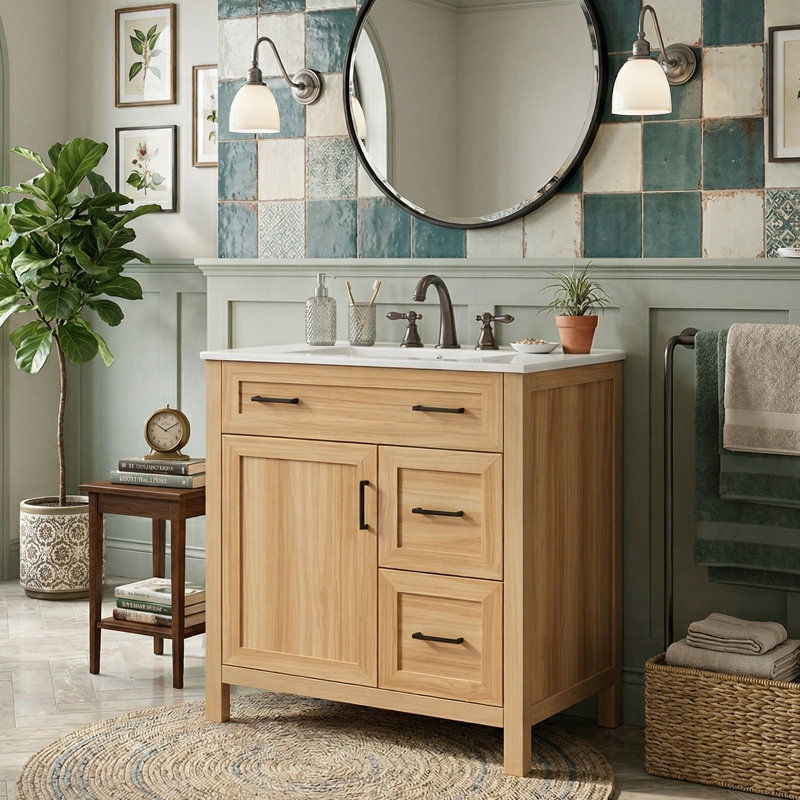 30-Inch Modern Bathroom Storage Cabinet With Sink, Solid Wood Base Vanity With Soft-Close Hardware And Adjustable Feet