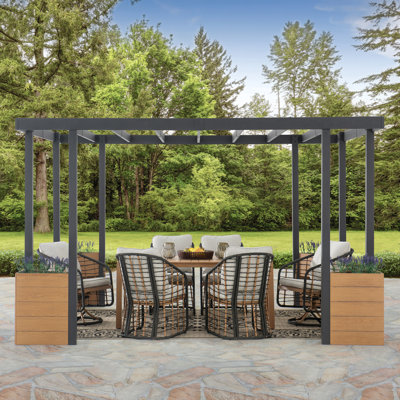 Sunjoy Marbella Pergola 10 x 12 ft. Outdoor Black Steel Frame Pergolas All-Season Durability High-Wind Rating for Outdoor Patio Deck Garden