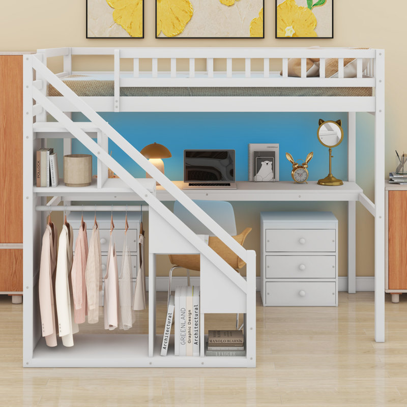 Lit mezzanine avec commode, bureau et bande lumineuse, Lit simple, Blanc