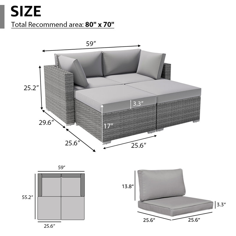 Alishea 4-Piece Rattan Outdoor Sofa with Cushions, Gray Frame/Light Gray Cushion