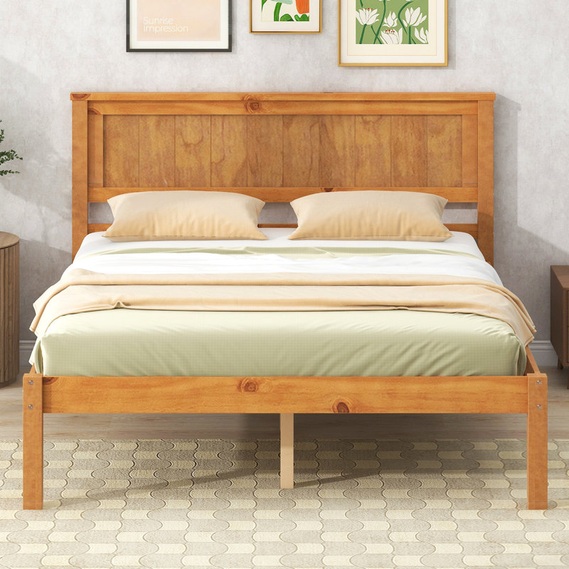 Base de lit plateforme avec tête de lit, support à lattes de bois, aucun sommier requis, Lit double, Chêne
