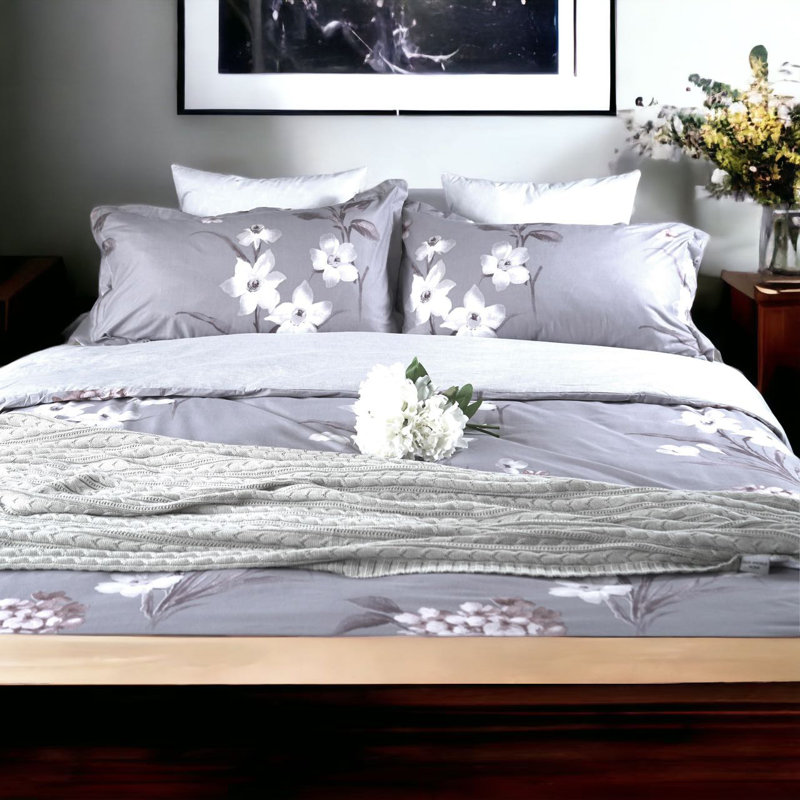 Satin Floral Duvet Cover, King Duvet Cover + 2 King Pillowcases