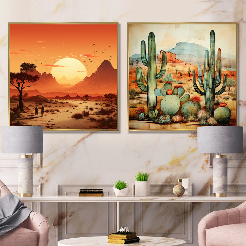 «Desert mexicain Serenity I», ensemble de 2 décorations murales d'art mexicain, Cadre flottant doré