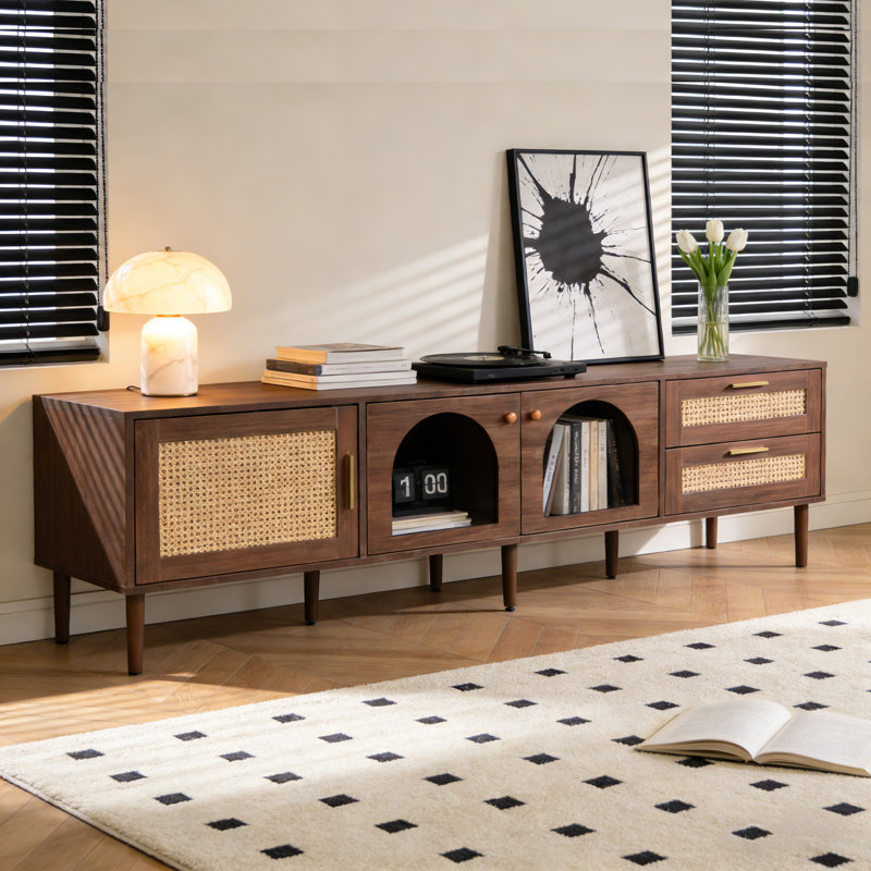70" TV Stand With App-Controlled LED Lights & Rattan Design, Modern Media Console With 2 Drawers & Glass Doors For Living Room