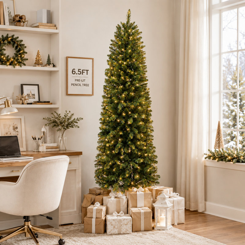 Pre-Lit Pencil Christmas Tree, 4.5-9ft Prelit Noble Fir Slim Artificial Tree with  Warm White LED Lights, PVC Branch Tips, Perfect for Small Spaces & Corner Decor, Foldable Metal Stand