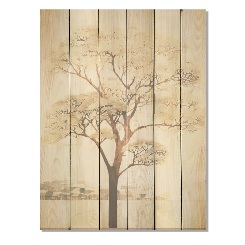 African Beige Tree Minimalism I - Tree African Wood Art On Natural Pine Wood, 20" H x 10" W