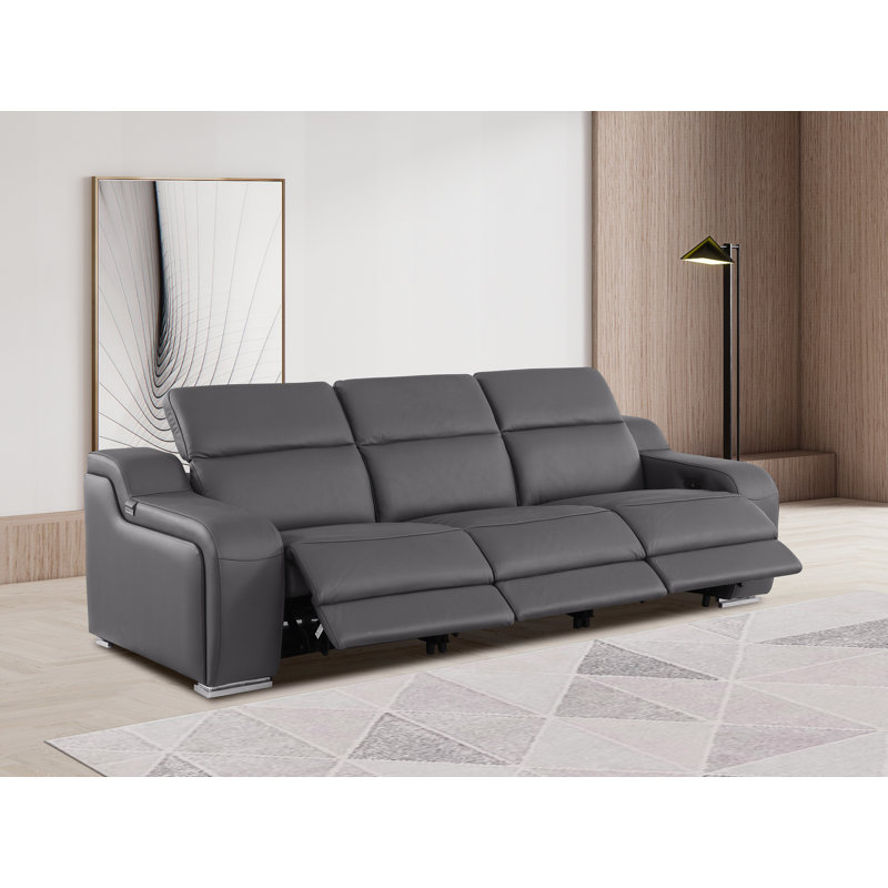 3-Piece 3-Power Reclining Top Grain Italian Leather Sofa With Power Headrest, Gray