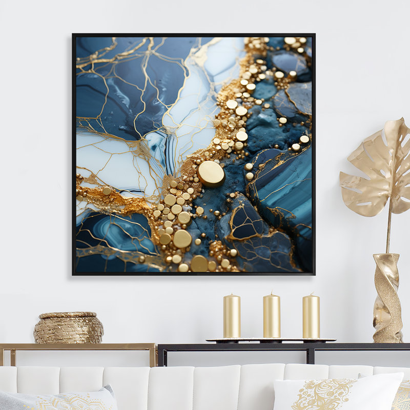 «Blue and Gold Marble River IV», art mural abstrait à encre liquide, Cadre flottant noir, H 16 po x l 16 po x P 1 po