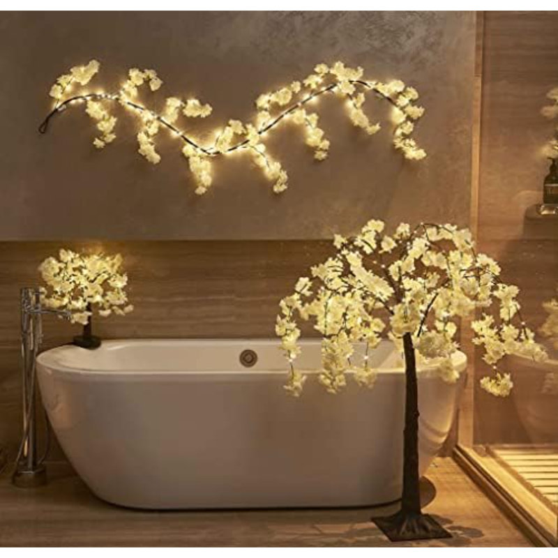 Cherry Blossom 96 LED Fairy Lights 6FT Garland, White, Battery Operated With Timer For Indoor/Outdoor Décor