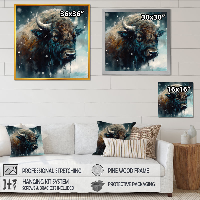 Bison Portrait In The Wild III - Buffalo, art mural, Cadre photo noir, H 16 po x l 16 po