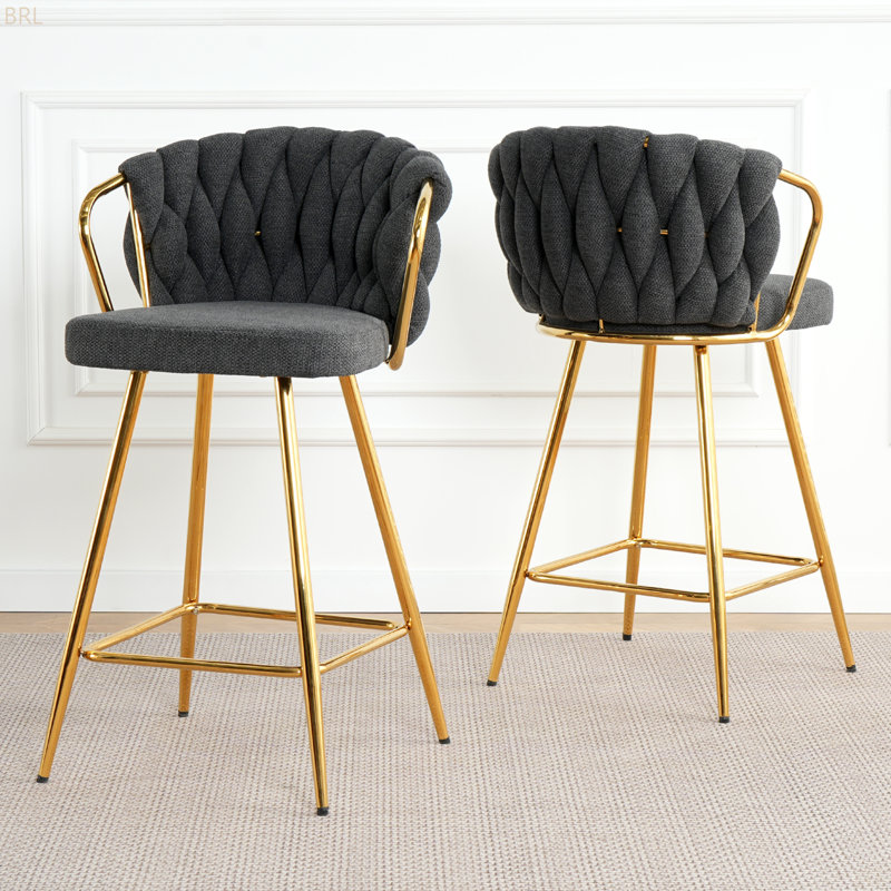 Tabouret haut de style moderne avec pattes plaquées or et chaise de bar en lin, convient au café-bar restaurant (ensemble de 2)