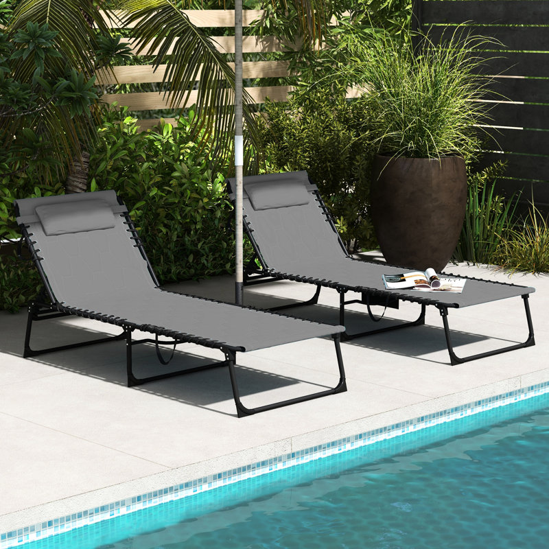 Outdoor Sun Chair With Foldable Design, 5 Reclining Angles, Padded Seat & Side Pocket, Gray Tanning Adjustable Back, And Included, For Beach Yard