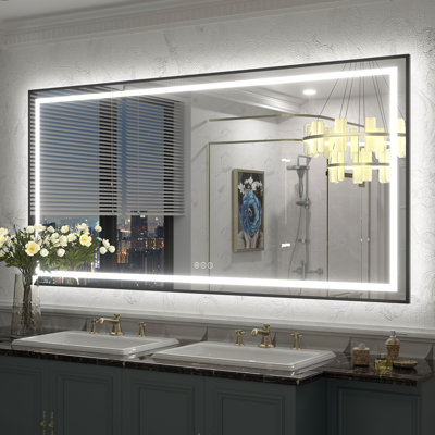 Miroir de salle de bain / meuble-lavabo à cadre en verre trempé à DEL certifié anti-buée Wayfair Basics®