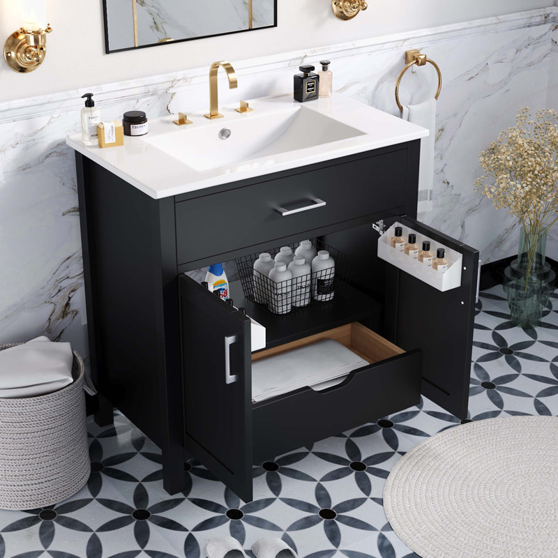 Meuble-lavabo simple 30,00 po avec plateau en céramique Teaonna, Noir