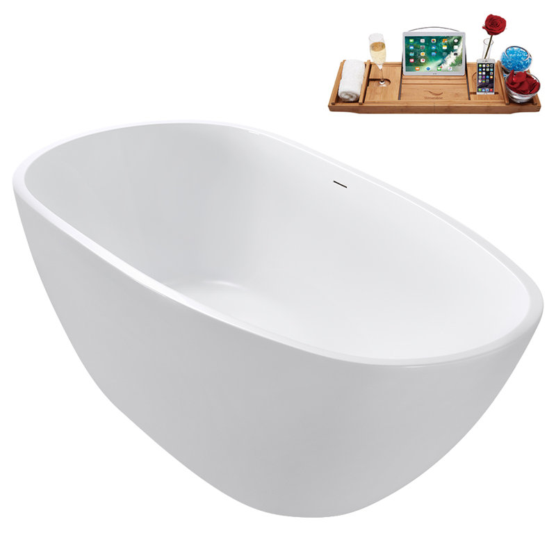 59" Streamline Soaking Glossy White Freestanding Tub and Tray With Internal Drain, Brushed Brass