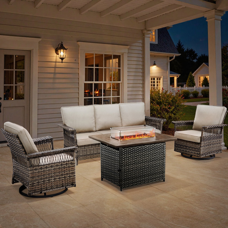 Deb Outdoor 4-Pieces PE Wicker Patio Conversation Set with Fire Pit Table, Beige Cushion/Gray Frame