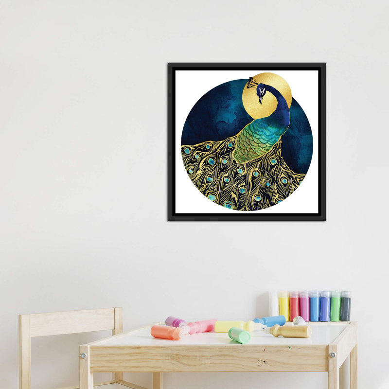 Golden Peacock - impression d'art graphique, Pas de tapis, H 26 po x l 26 po x P 1,5 po, Toile avec cadre noir patiné