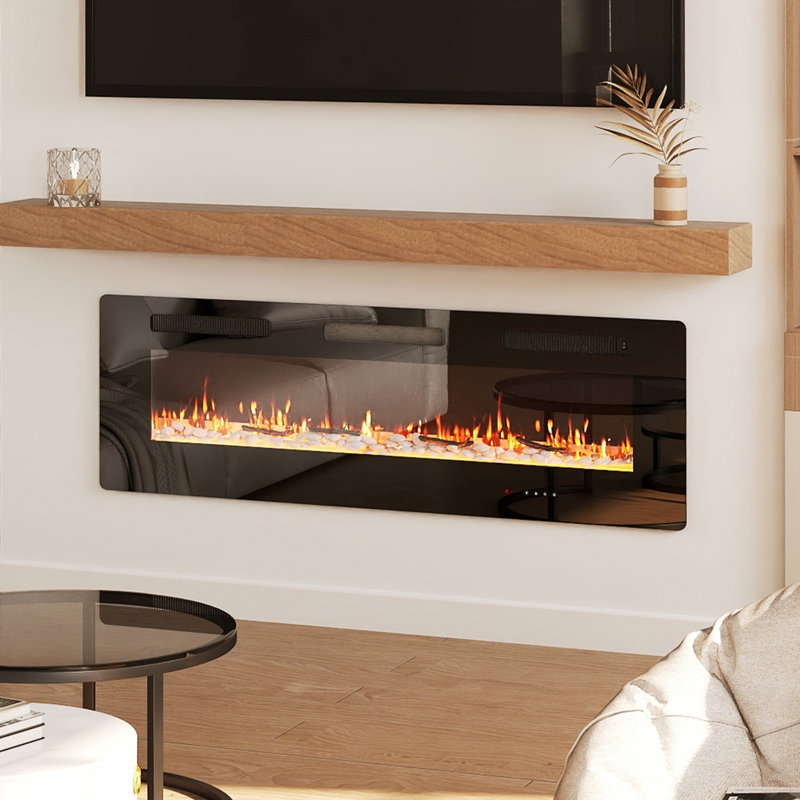 Ultra-thin Electric Fireplace, Recessed & Wall Mounted Heater, Crystal Stone & Log, Timer, 19.68" H x 60" W x 4.13" D